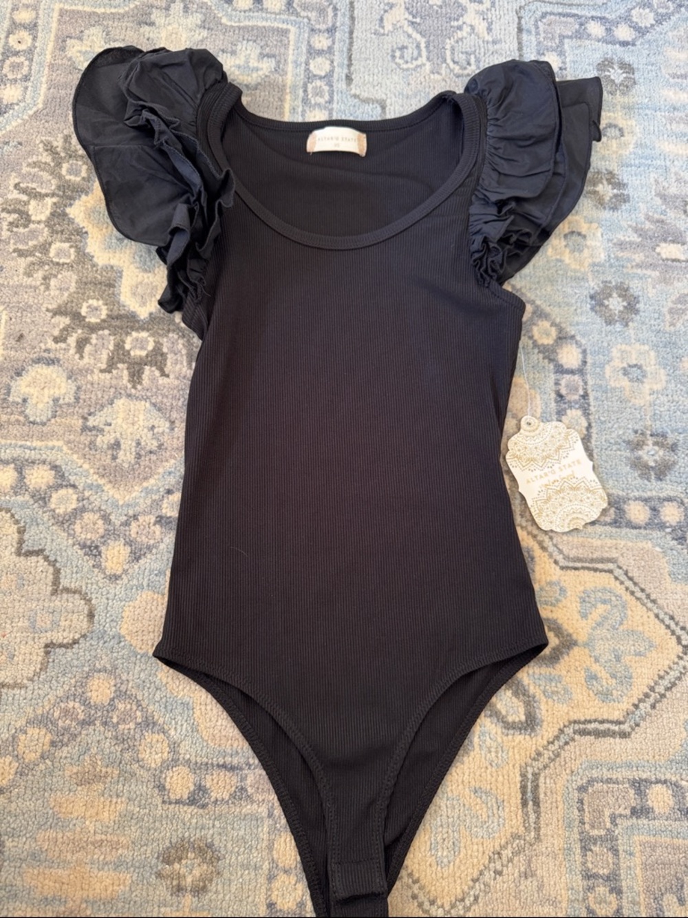 Altar'd State Black Ruffle-Sleeve Ribbed Bodysuit